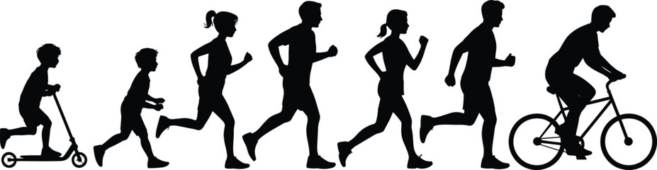 Silhouette, evolution, movement, running, cycling, scooter, fitness, active, lifestyle, exercise, family, health, sports, journey, outdoor, activity, illustration, dynamic, stages, progression