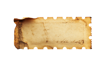 Aged and textured paper scrap with perforated edge and burn marks, isolated on white or trasparent png.