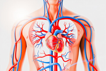 3D Illustration of the Human Circulatory System with Heart, Arteries, and Veins, Detailed Medical Diagram Showing Human Cardiovascular System in Transparent Body