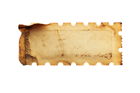 Aged and textured paper scrap with perforated edge and burn marks, isolated on white or trasparent png.