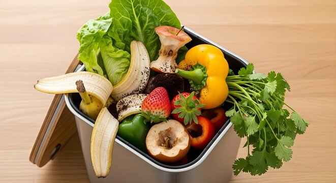 Organic kitchen food waste in compost bin for sustainable living - Powered by Adobe