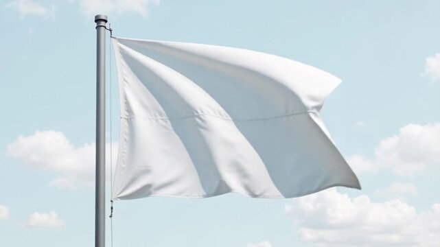 White flag waving gently on a metal pole against a bright blue sky with soft clouds