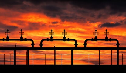Abstract silhouette of industrial structures set against a vibrant sunset sky showcasing rich colors and dramatic contrasts