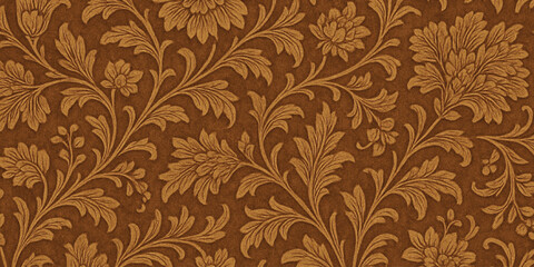 Abstract Intricate floral patterned wallpaper in warm brown tone background with texture.