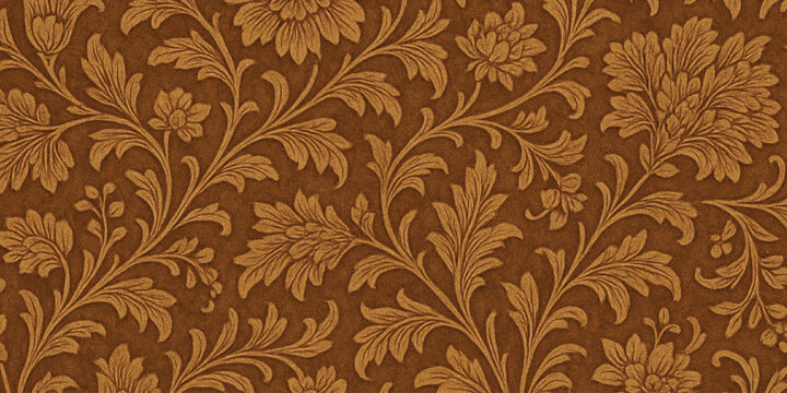 Abstract Intricate floral patterned wallpaper in warm brown tone background with texture.