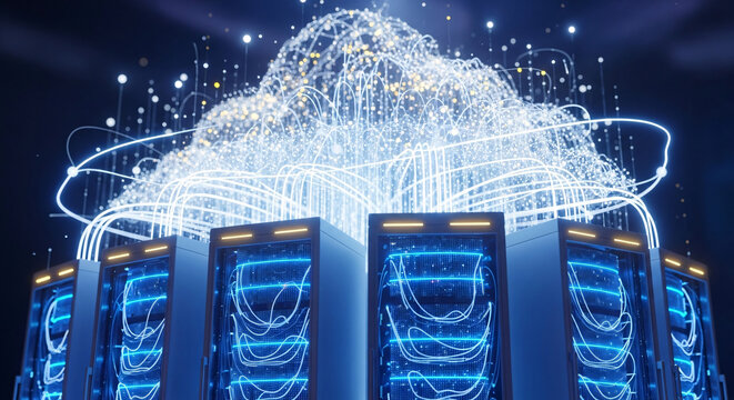 Futuristic data center server racks with glowing blue lights connected to a luminous cloud of information.