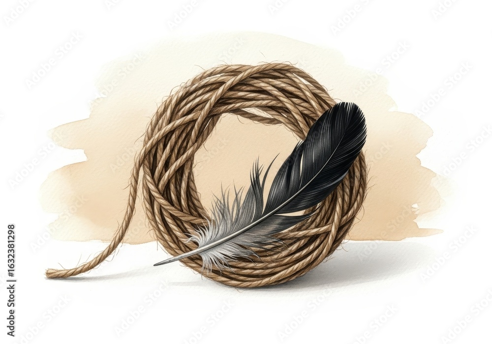 Poster coiled twine and single feather - a single black feather rests beside a coil of twine, symbolizing c