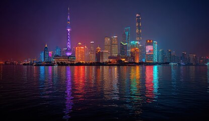 Nighttime city skyline featuring illuminated windows and vibrant streetlights creating a captivating urban atmosphere with a stunning view of the cityscape