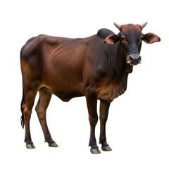 Brown cow standing in full view, isolated on transparent background
