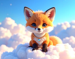 Fototapeta premium Adorable 3D fox cub sitting on fluffy clouds wearing a pearl necklace with a blue pendant against a bright sky with soft clouds.