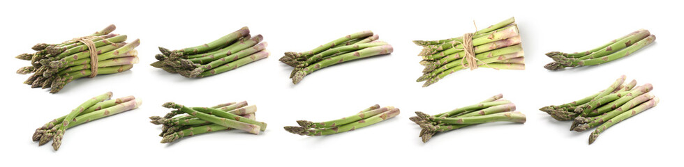 Fresh green asparagus isolated on white, set