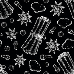 Mulled wine spices seamless pattern. Hand drawn background. Vector illustration. Mulled wine spiced sketch.