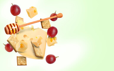 Cheese, grapes, crackers and honey in air on light green gradient background. Tasty appetizers for cheese board