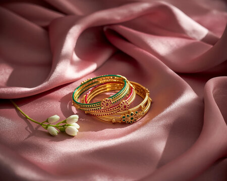 A realistic flat lay photo of modern minimalist women's bracelets, Churi