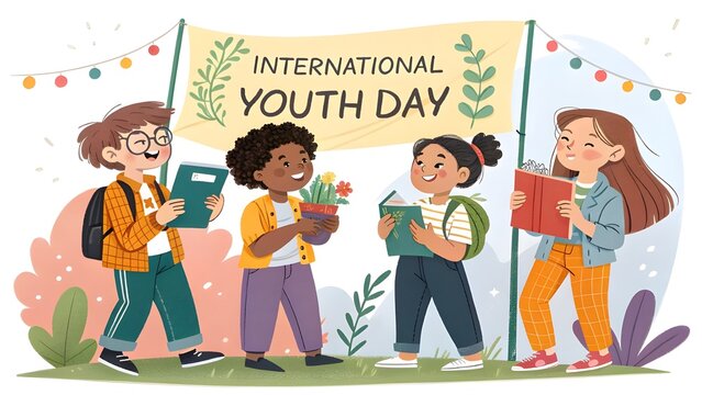 Diverse group of young people celebrating international youth day with books