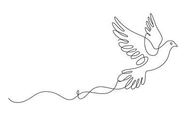 Elegant single line drawing of a dove in flight with a ribbon