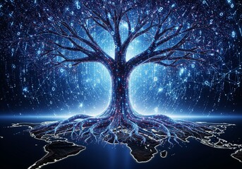 A glowing Tree of Knowledge with roots growing from a world map, made of digital binary code. This symbolizes global networks, data growth, information technology, a modern digital ecosystem, and the 