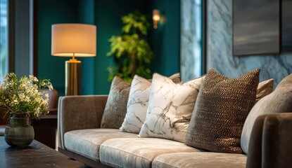 Modern living space featuring an elegant emerald green accent wall that enhances the stylish interior design and brings a vibrant touch to the overall ambiance