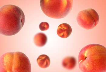 Fresh peaches whirling in air against coral gradient background