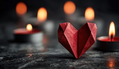 Warmly reflecting candlelight on a black marble surface with a red heart shaped origami art piece creating a cozy romantic atmosphere for special occasions