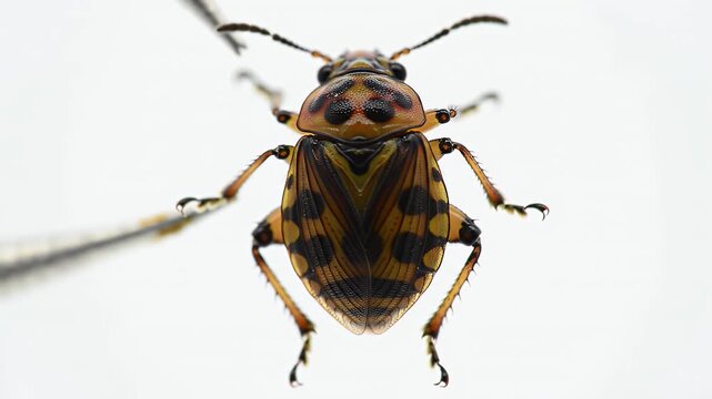 Detailed Close Up Of A Colorful Shield Bug With Intricate Patterns On Its Back Against White Background