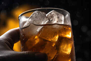 lose-Up View of Hand Holding Cold Cola in Glass with Ice Cubes and Carbonated Bubbles for Refreshing Drink Concept, Thirst Quenching Drink, Soda Drinks, Carbonated Icy drinks