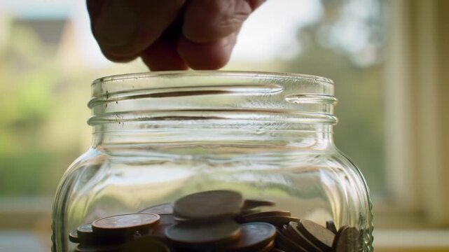 A hand dropping coins into a glass jar