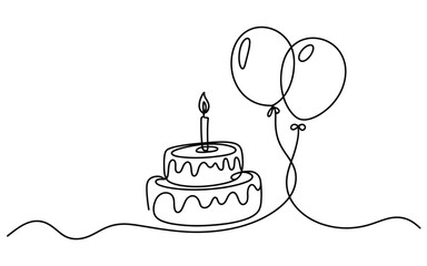 Simple line art birthday cake with balloons