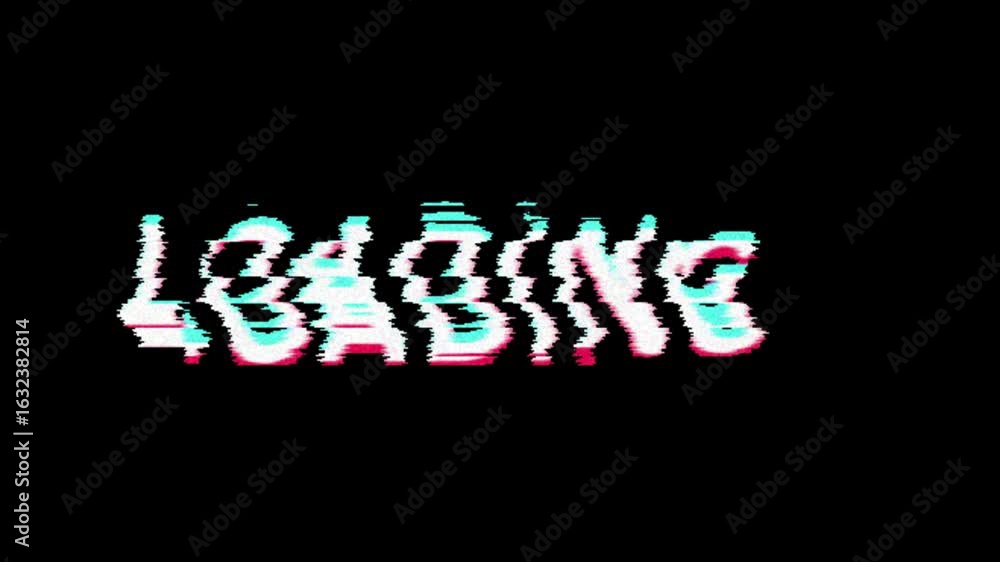 Poster a futuristic animation of the word 'loading' with a dynamic digital glitch and screen distortion eff