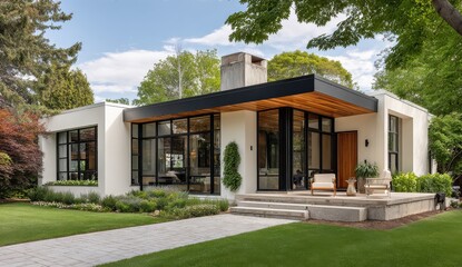 A beautiful contemporary residence showcasing a sleek exterior design complemented by abundant natural light creating a warm and inviting atmosphere