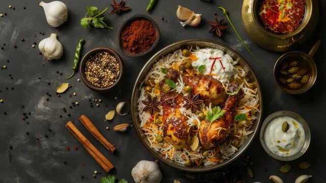 Indian food dish with chicken, biryani rice and raita condiment served in a metal bowl.