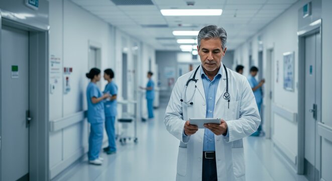 Male doctor in white coat walking down a hospital corridor while using digital tablet - Powered by Adobe