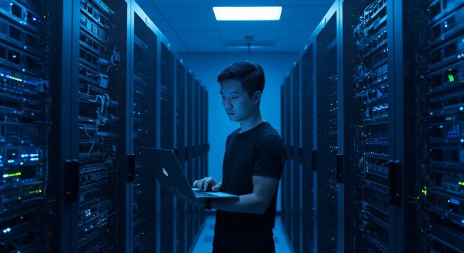 IT Technician in Data Center with Laptop