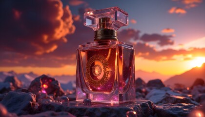 Stylish perfume bottle on acrylic pedestal against sunset landscape background giving the object an attractive, almost fantastic, light and color spectacular look