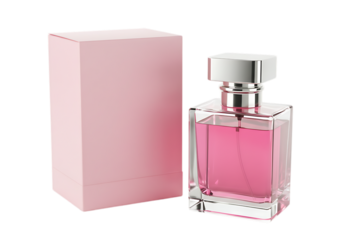 Elegant pink perfume bottle with silver cap beside its matching minimalist pink packaging boxon transparent background.