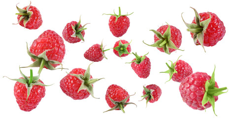 Fresh raspberries swirling in air against white background