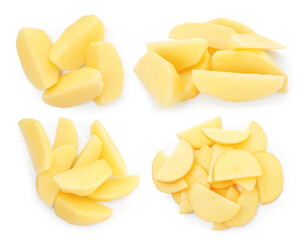 Fresh potato slices isolated on white, set