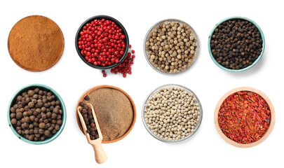 Different types of peppers, set. Spices isolated on white, top view