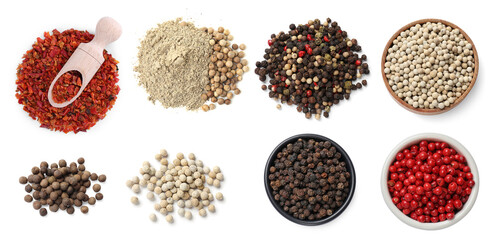 Different types of peppers, set. Spices isolated on white, top view