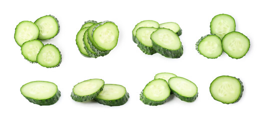 Cucumber slices isolated on white, set. Top and side view