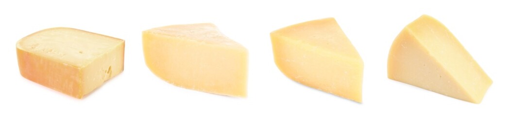 Parmesan cheese pieces isolated on white, set