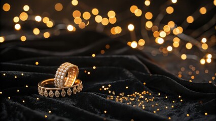 Soft golden bokeh lights on black velvet. Ideal luxury-style background for elegant jewelry mockups with cinematic ambiance and rich contrast.