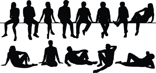 Silhouette, people, sitting, lounging, group, unity, relaxation, social, interaction, community, togetherness, casual, poses, diversity, black, white, minimalist, concept, human, figures