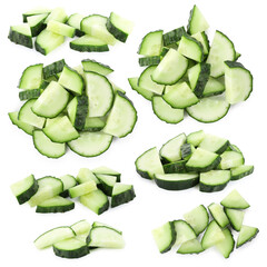 Cucumber slices isolated on white, set. Fresh vegetable
