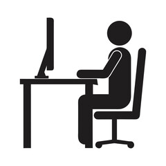 Fototapeta premium Business man sitting at his desk, working on a laptop Office desk with chair and computer silhouette vector icon illustration on white background minimalist flat bold black 