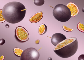 Fresh passion fruits swirling in air against color gradient background