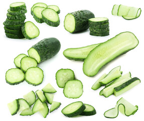 Sliced cucumbers isolated on white, set. Fresh vegetable