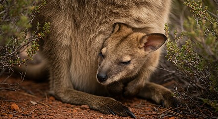 Naklejka premium Adorable wallaby joey peacefully sleeps nestled safely in its mother's pouch in the Australian outback