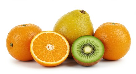 A Fresh Medley of Oranges, Citron, and Sliced Kiwi with Water Droplets