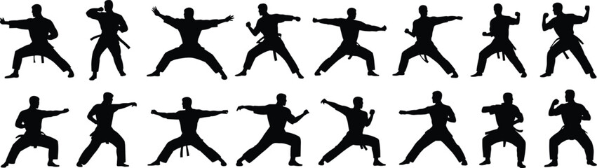 Martial arts silhouette vector set, offensive and defensive poses, punches, blocks, stances, training movement graphic, combat technique illustration design